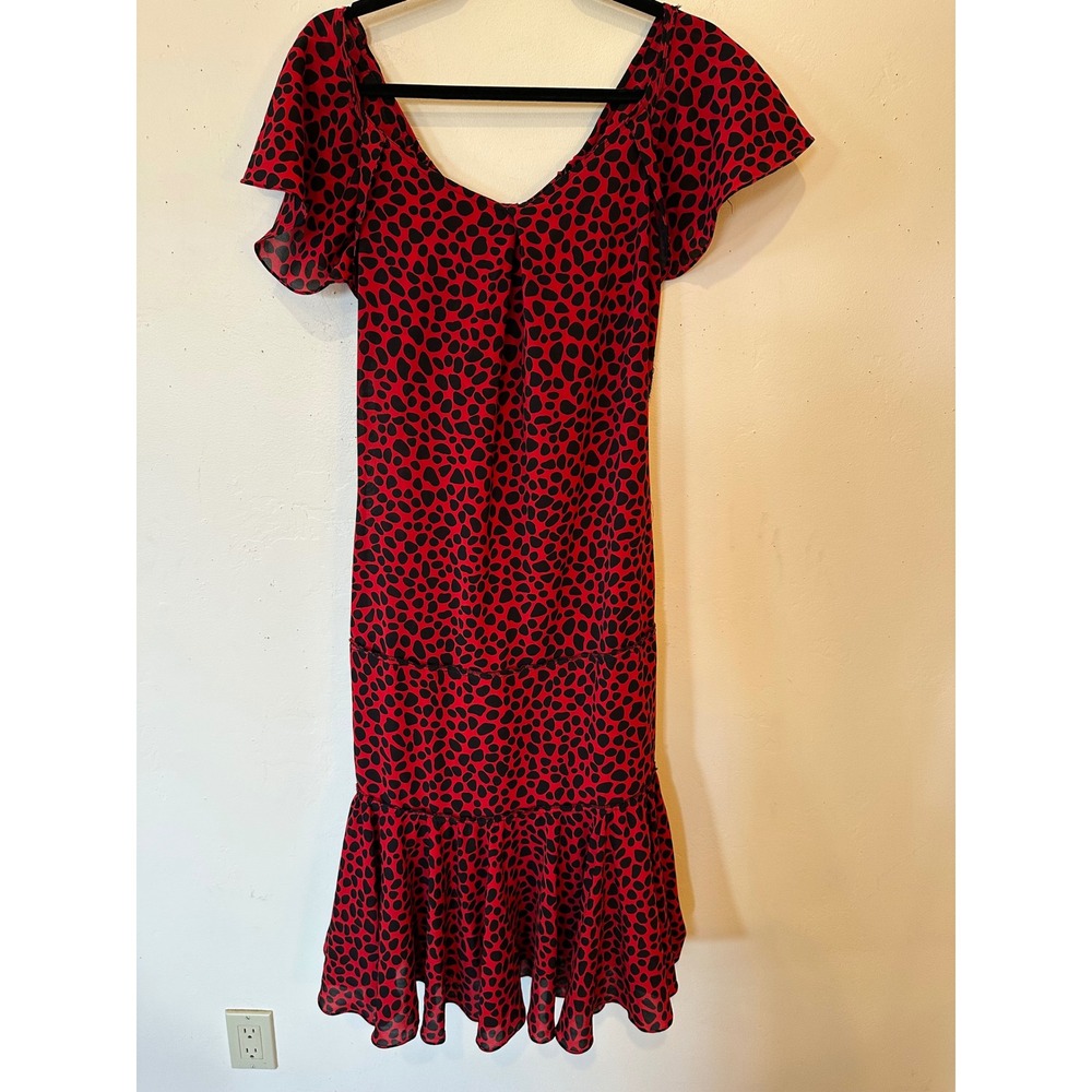 Vintage Red Black Print Flamenco Midi Art Deco Flapper Tiered ruffle dress 8 - Picture 12 of 16